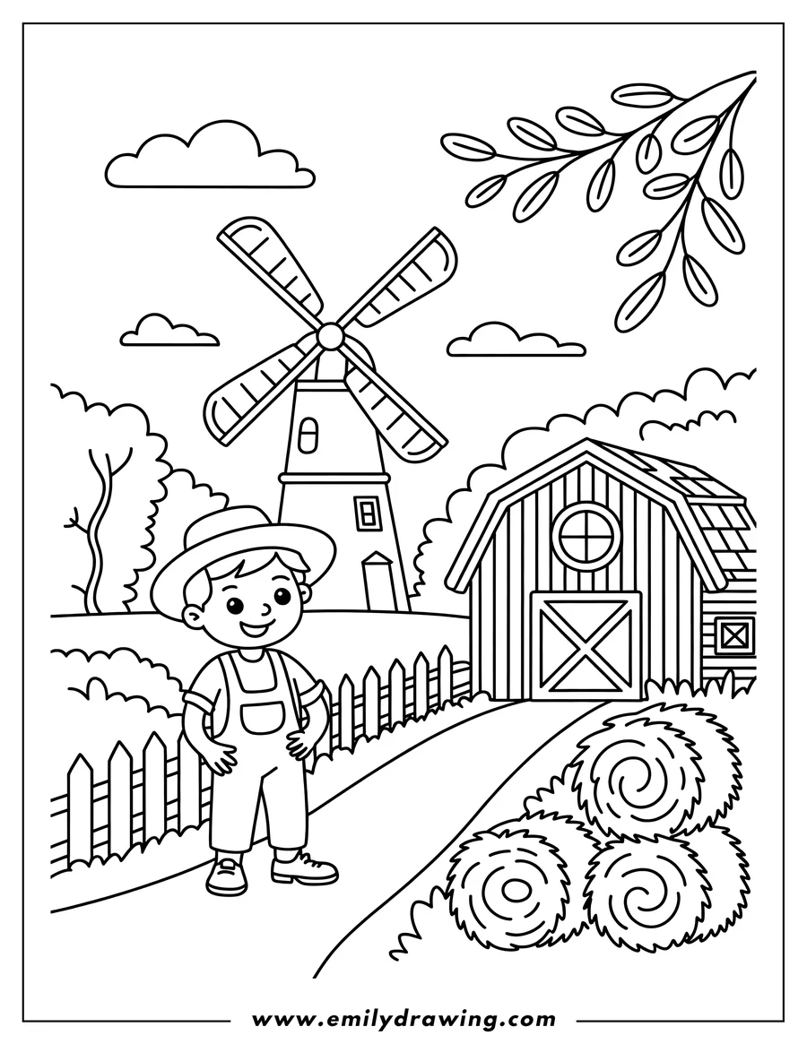 Line art of a farmer standing near a barn, windmill, and hay bales on a farm.