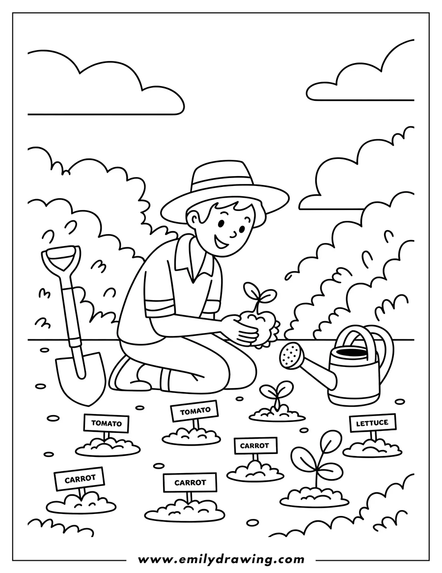 Line art of a farmer kneeling in a garden, planting seedlings. Labels indicate carrots, tomatoes, and lettuce plants. A shovel and watering can are nearby.