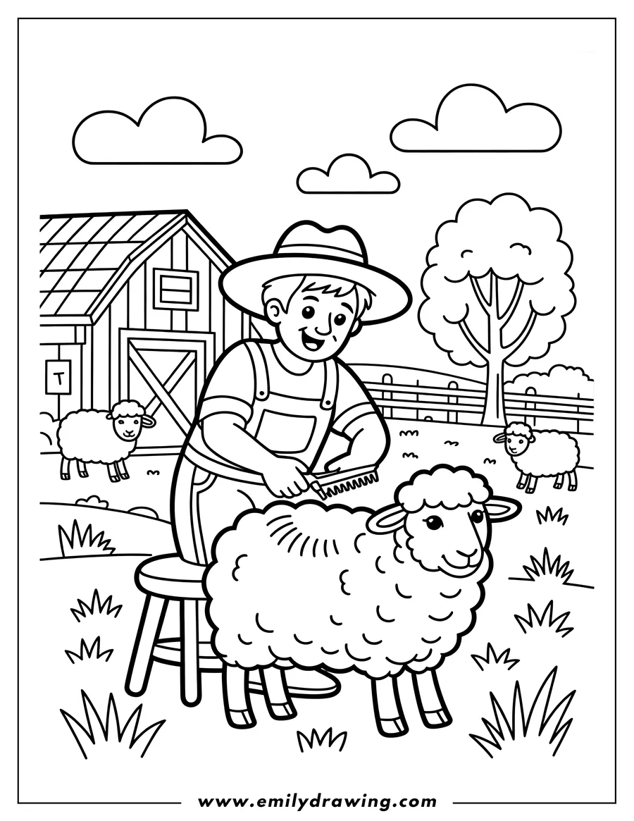 Line art of a farmer shearing a sheep on a farm. Two other sheep watch nearby. A barn and tree are in the background.