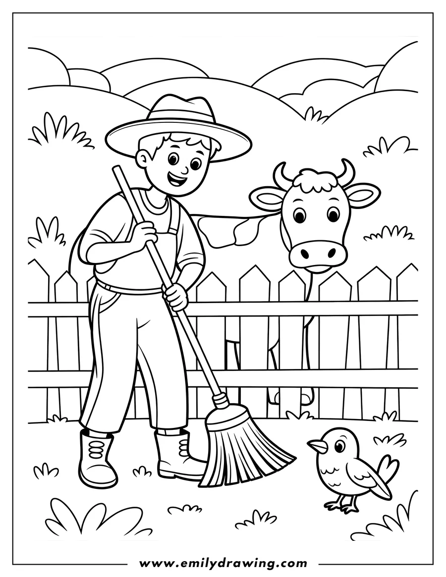 Line art of a farmer sweeping with a broom near a fence. A cow looks on from behind the fence and a small bird watches from the grass.