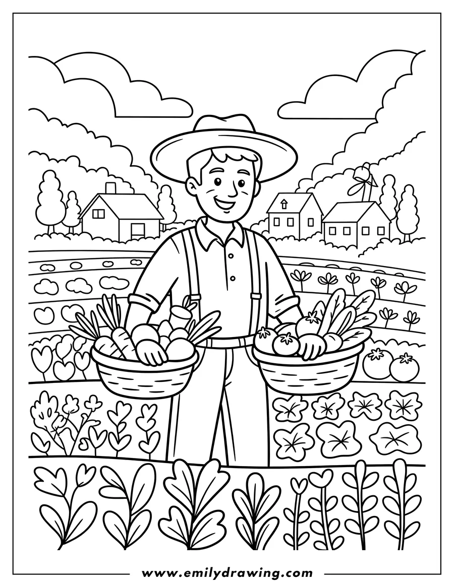 Line art of a farmer holding two baskets filled with freshly harvested vegetables, standing in a garden with farmhouses in the background.