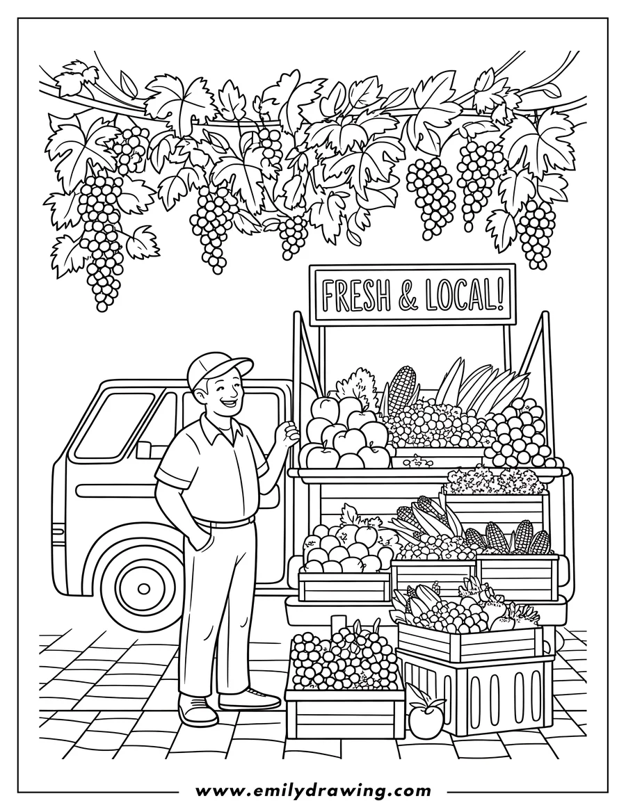 Line art of a farmer standing by his produce stand filled with fruits and vegetables, attached to his truck. Grapes hang overhead.