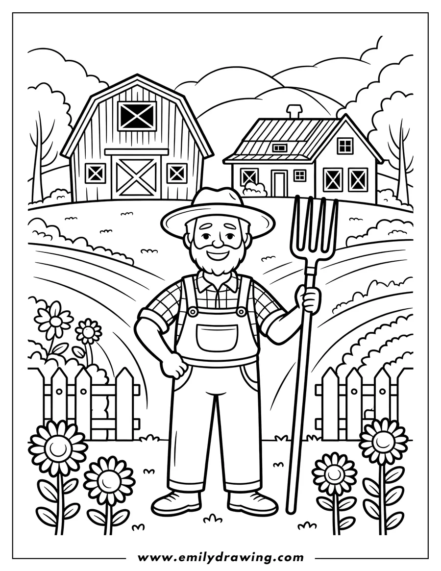 Line art of a cheerful farmer holding a pitchfork, standing by a fence with a pumpkin, and a barn in the background. Perfect for a farm-themed coloring activity.