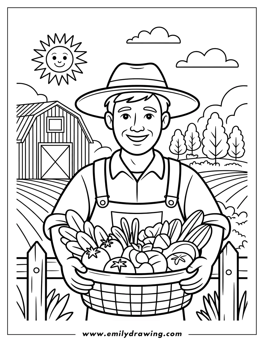 Line art of a smiling farmer holding a basket full of fresh vegetables, with a barn and fields in the background.