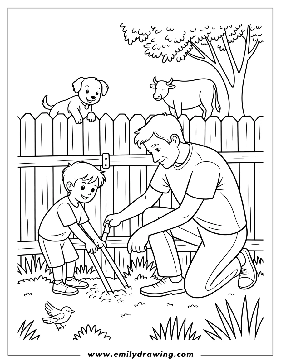 Outline of a father and son gardening by a wooden fence. The boy holds a small shovel, and a dog looks over the fence.  A cow stands near a tree in the background.