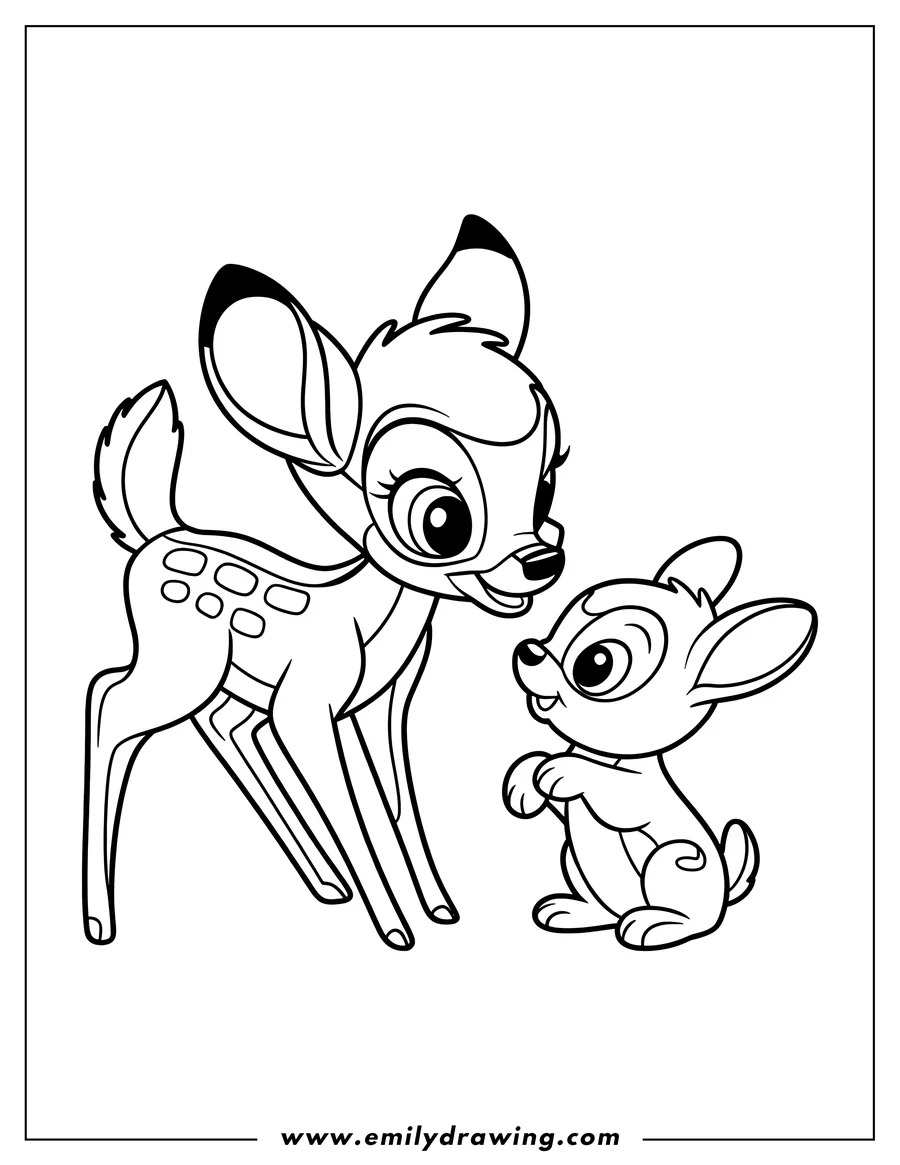 Outline of Bambi the fawn and Thumper the bunny meeting, from the Disney movie Bambi.