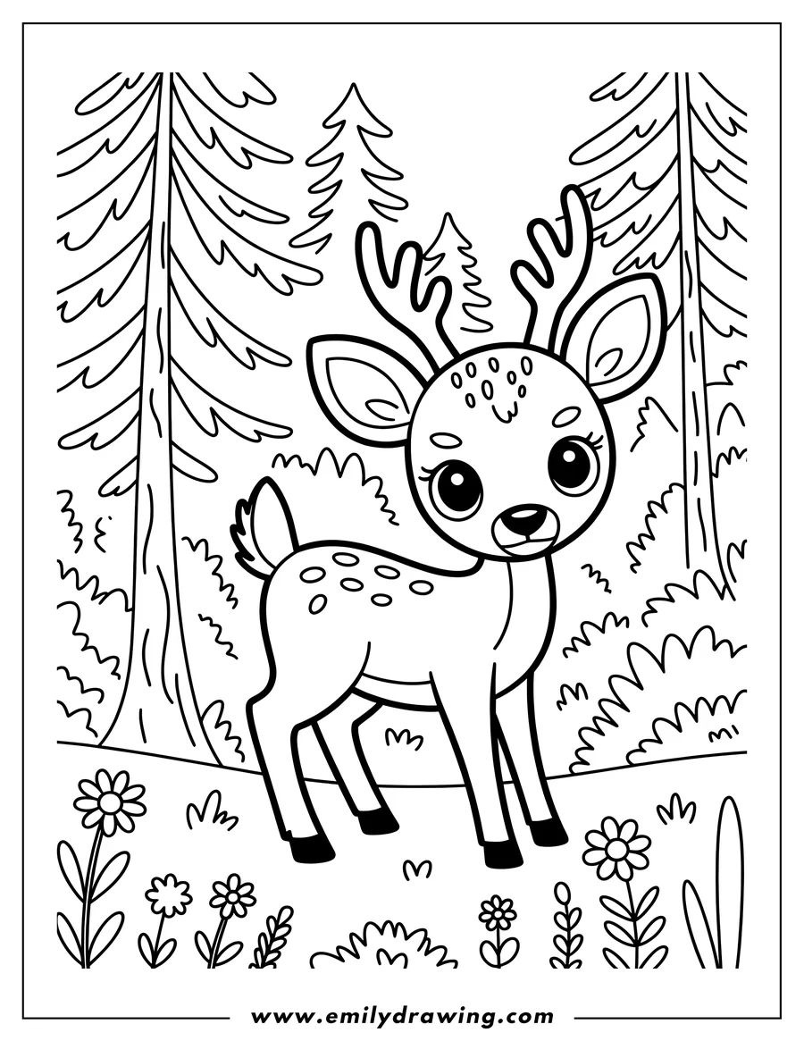 Outline of a young fawn standing near pine trees in a field of wildflowers. 