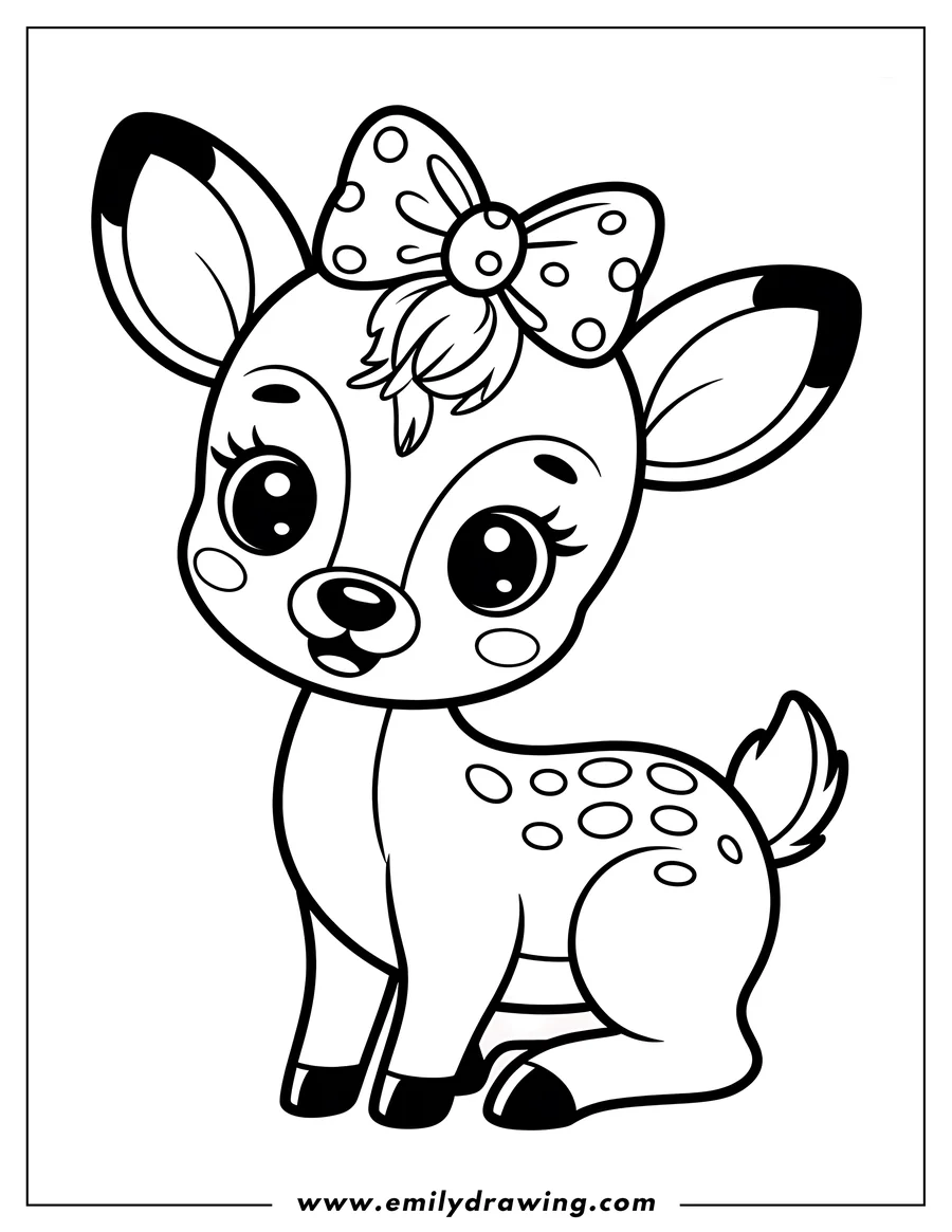 Line art of a young fawn sitting, wearing a large spotted bow on its head.