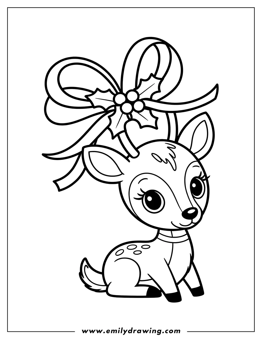 Outline of a fawn sitting with a large holly bow tied around its head.