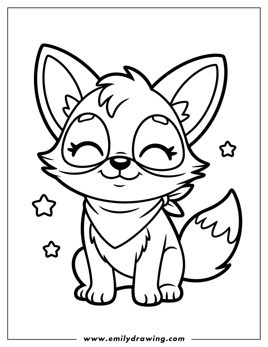 Outline of a Fennec fox wearing a bandana and sitting down with three stars nearby.