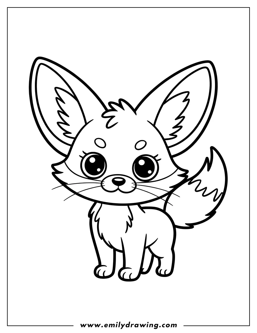 Outline of a cute fennec fox with large ears, big eyes, and a fluffy tail.