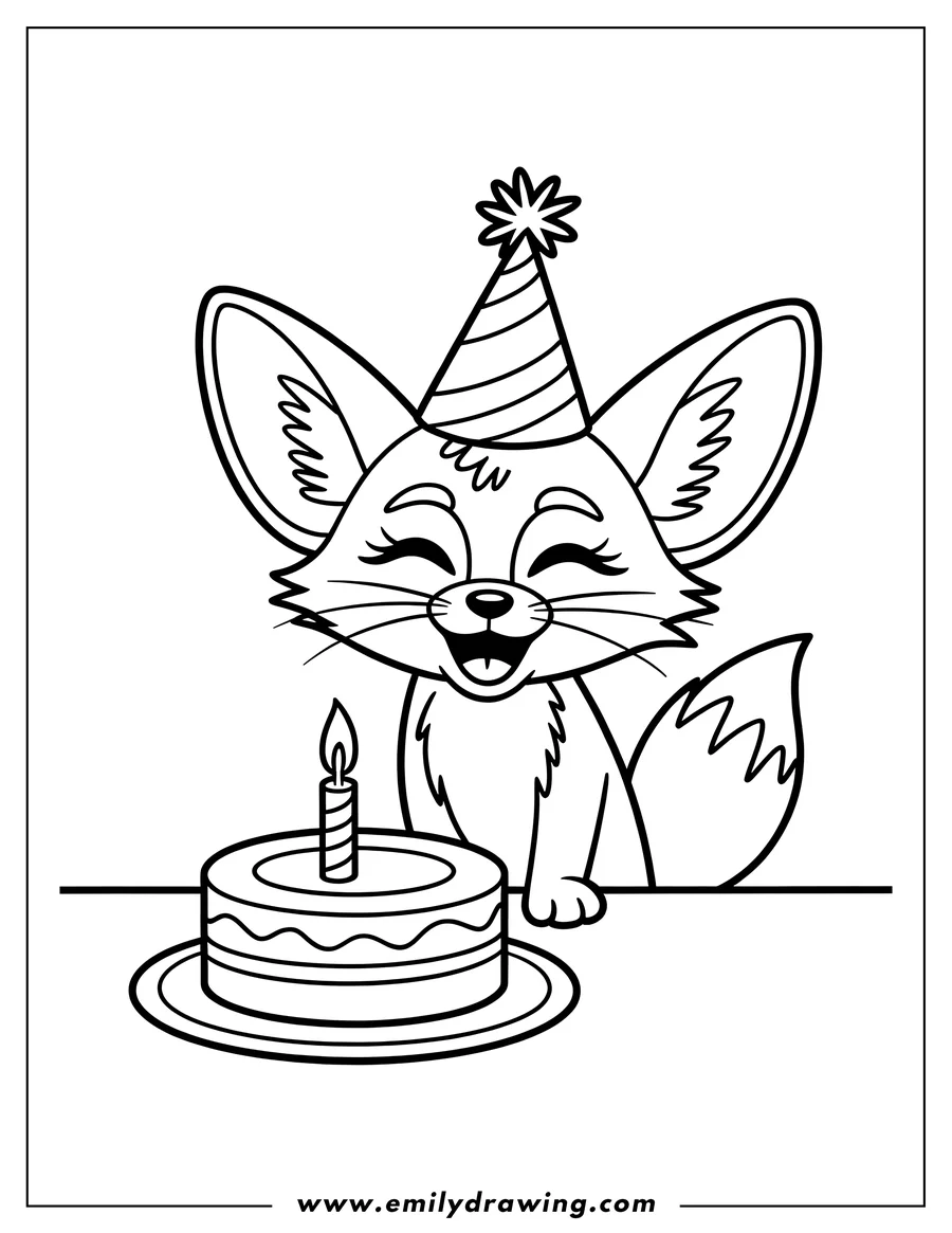 Outline of a fennec fox wearing a party hat and sitting by a birthday cake with a single candle.