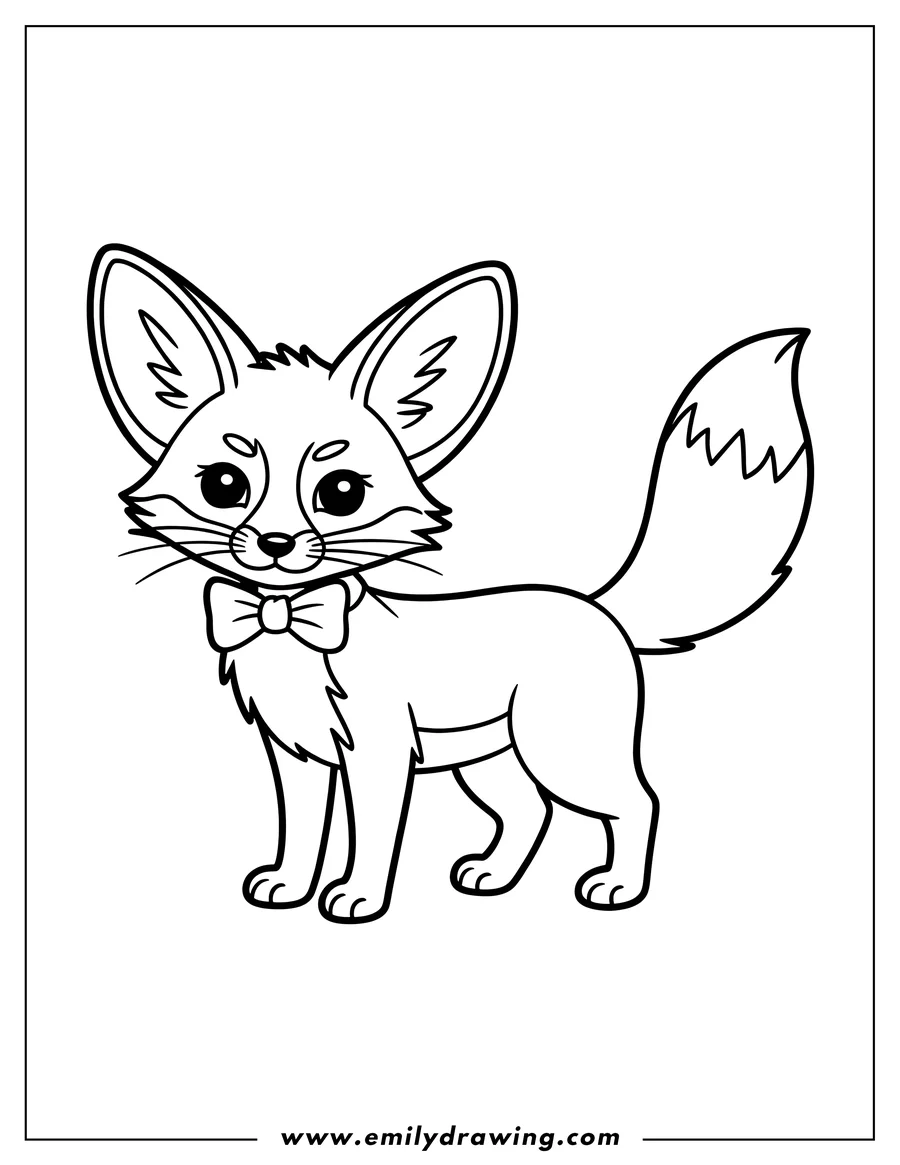 Outline of a fennec fox wearing a bow tie. It has large ears, a fluffy tail, and is looking forward.