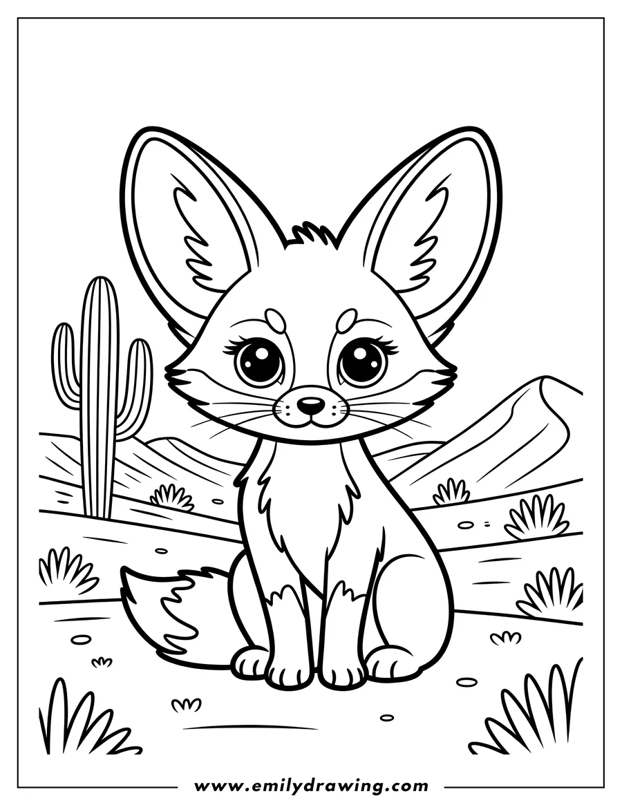 Outline of a fennec fox sitting in the desert by a cactus.