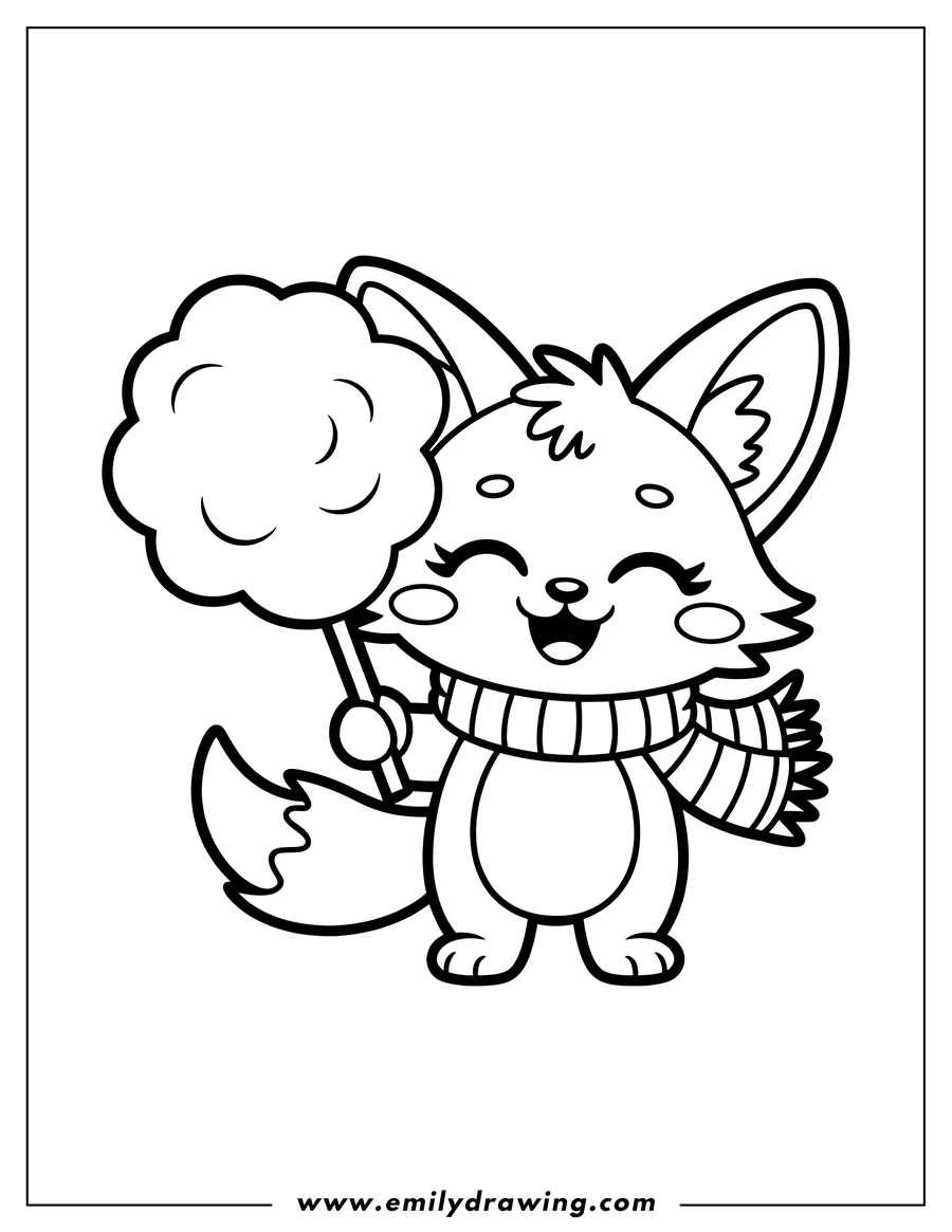 Line art of a fennec fox holding cotton candy. The fox is wearing a striped scarf and has a happy expression.