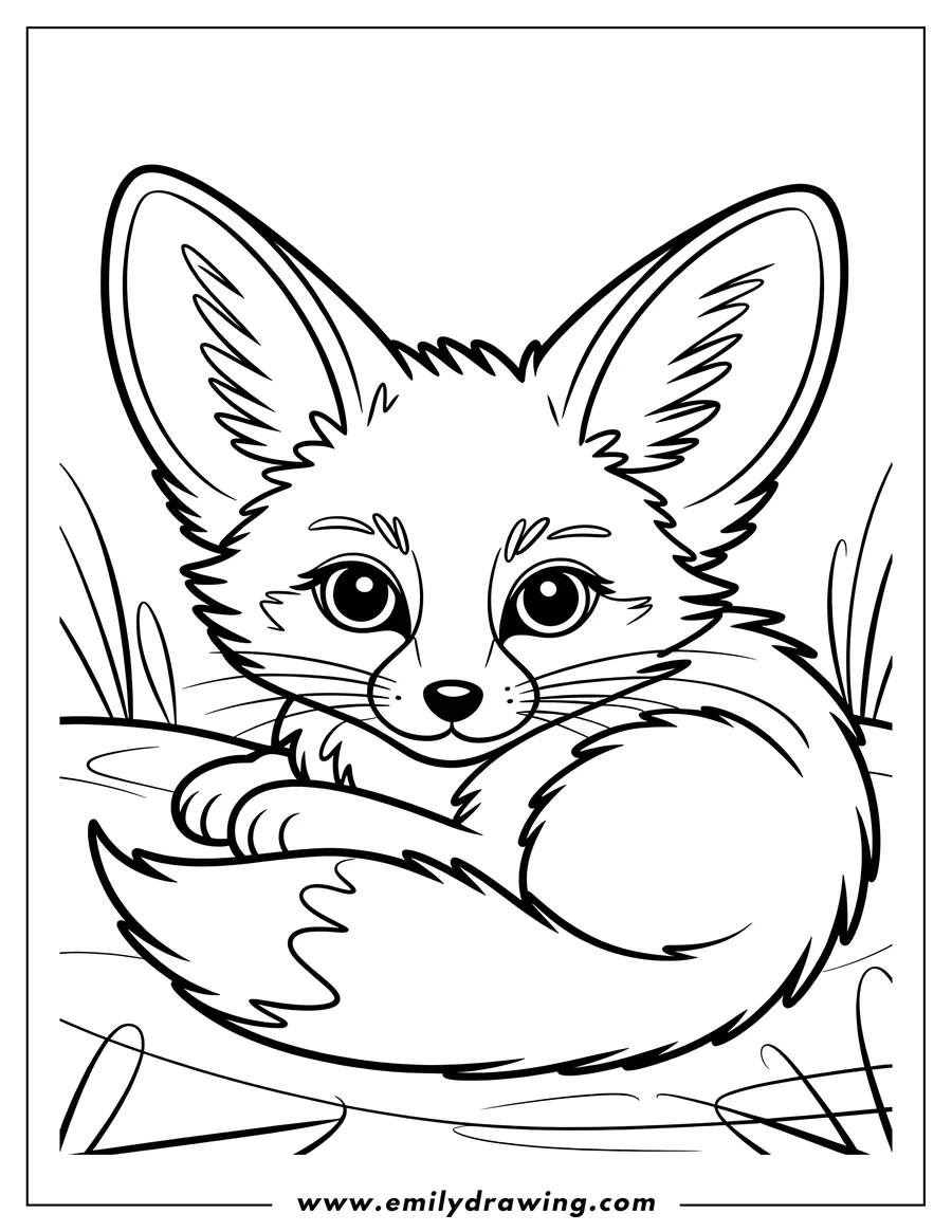 Line art of a fennec fox curled up with its tail wrapped around it.