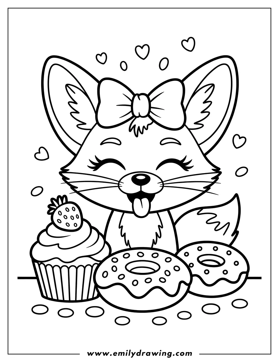 Outline of a fennec fox with a bow, sitting behind two donuts and a strawberry cupcake