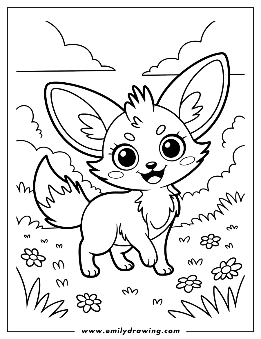 Outline of a fennec fox standing in a field with flowers and grass. The fox has large ears and a bushy tail.