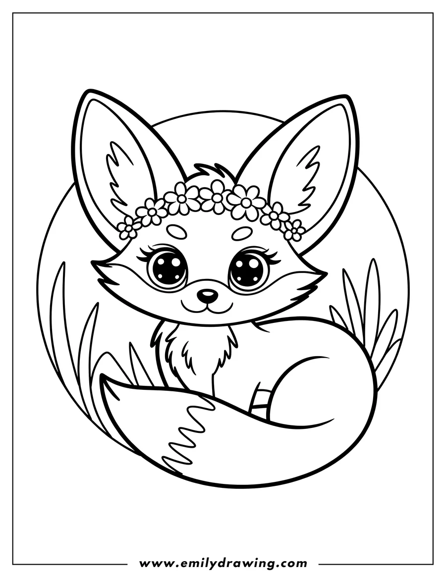 Outline of a fennec fox wearing a flower crown and sitting in the grass.