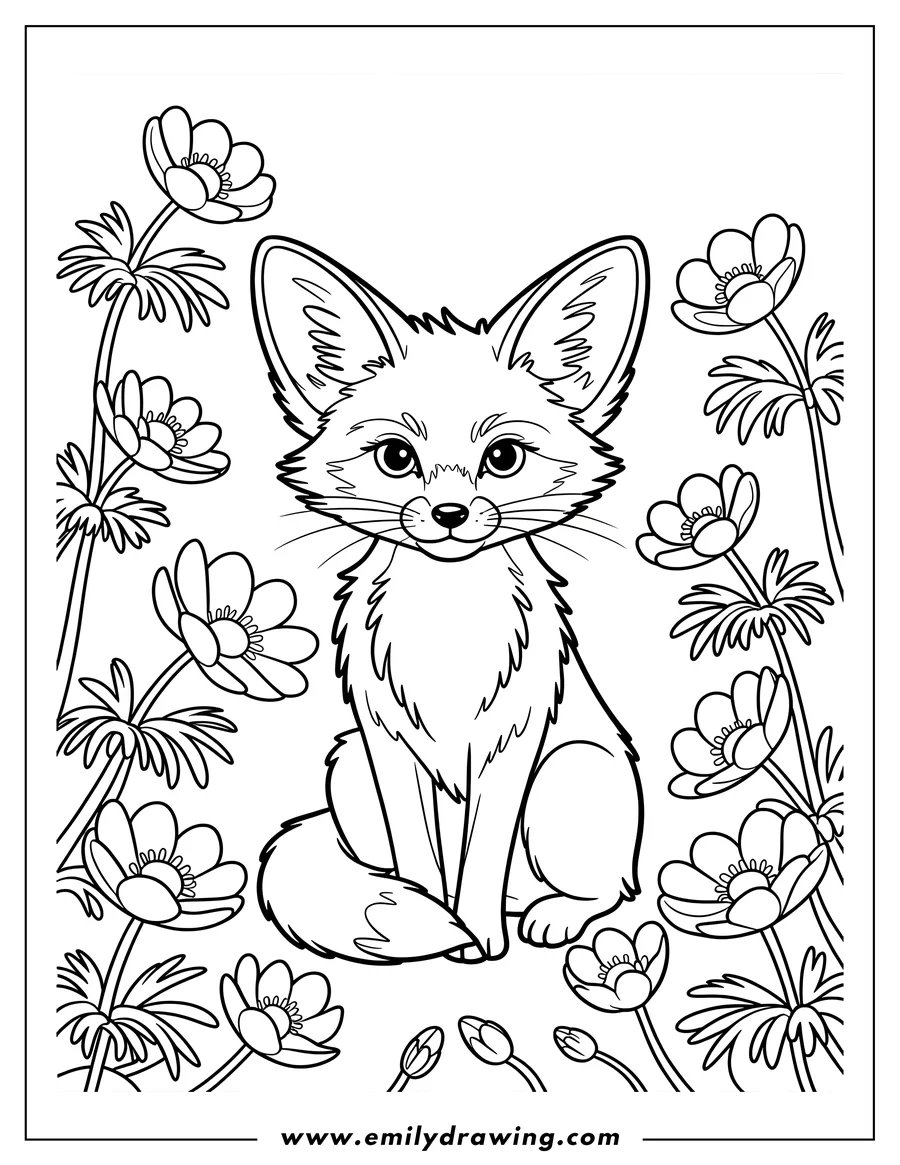 Outline of a fennec fox sitting surrounded by flowers.