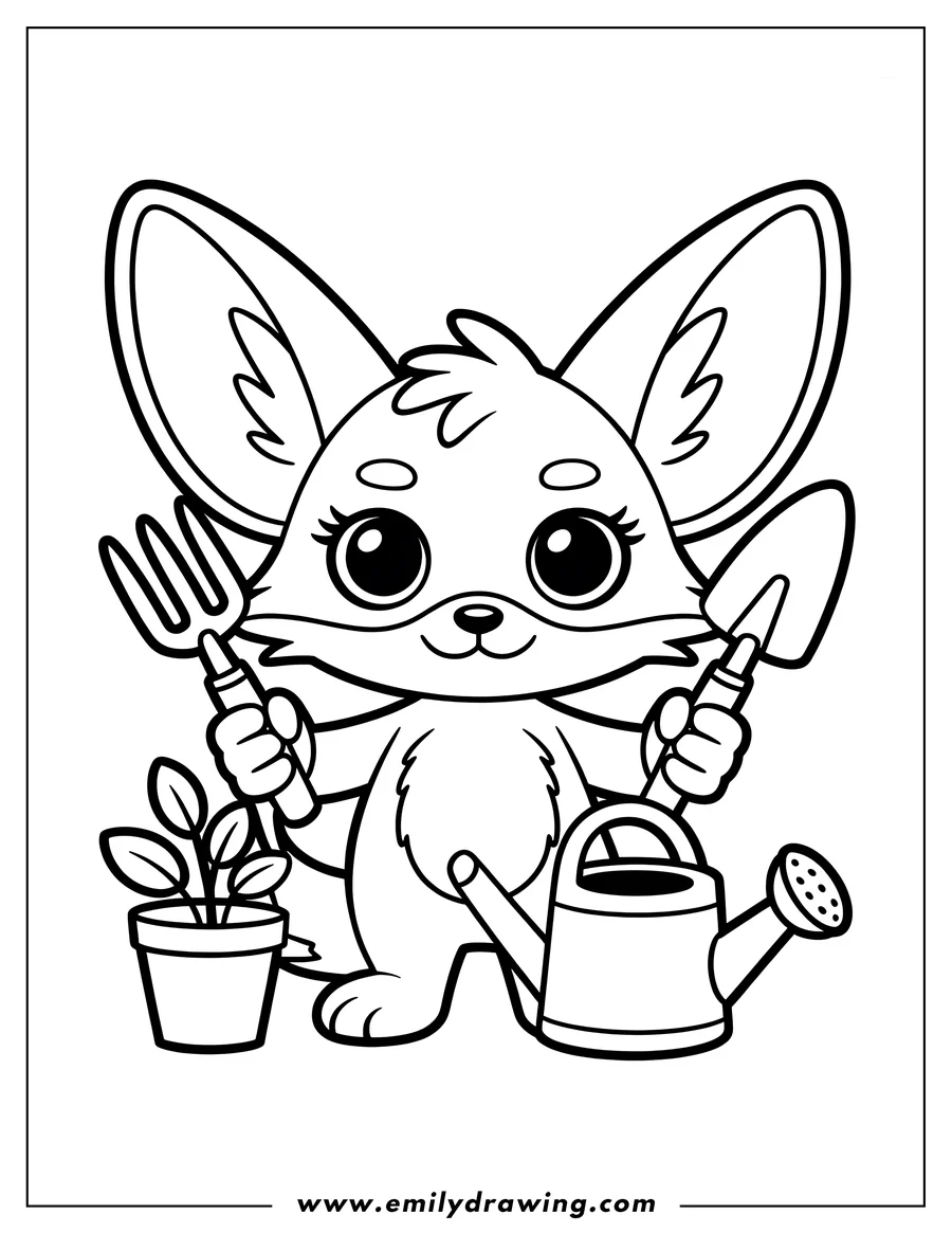Outline of a Fennec fox with gardening tools, including a small shovel, fork, watering can, and a potted plant.