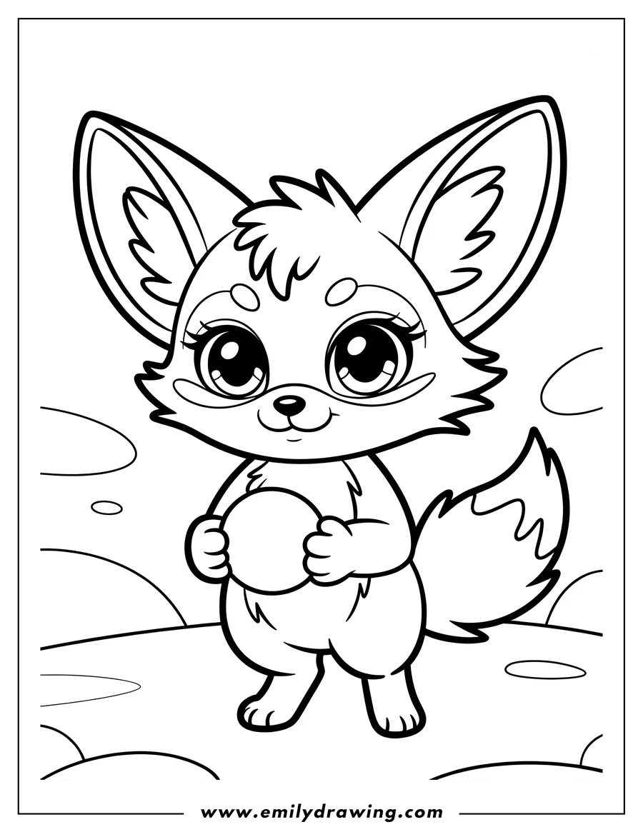 Line art of a fennec fox holding a ball. It has large ears and big eyes, standing on a simple ground.