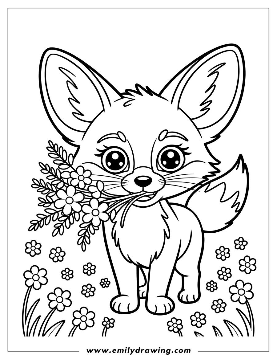 Outline of a fennec fox holding a small bouquet of flowers in its mouth, standing in a field of flowers and grass.