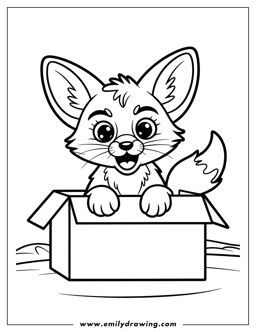Outline of a fennec fox sitting in a box. It has large ears and a bushy tail.