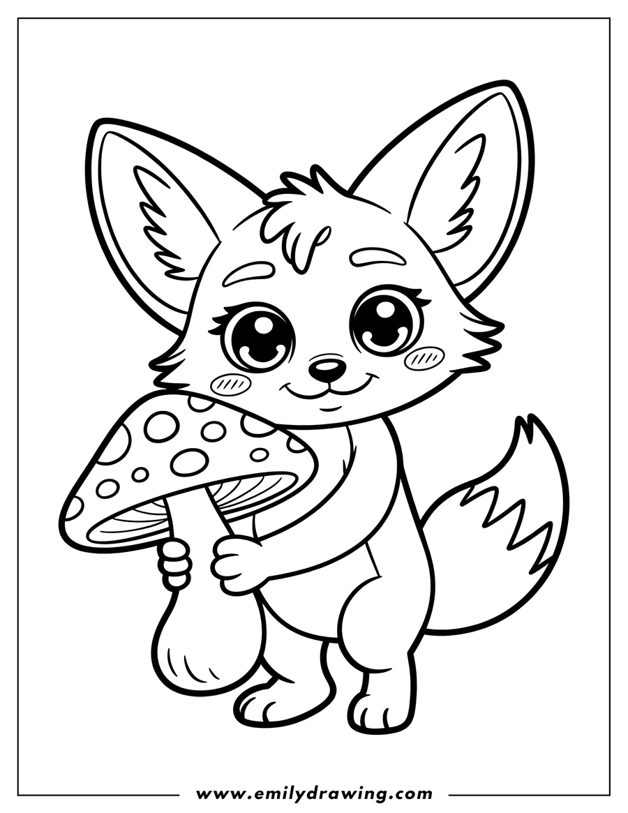 Outline of a fennec fox holding a large spotted mushroom.