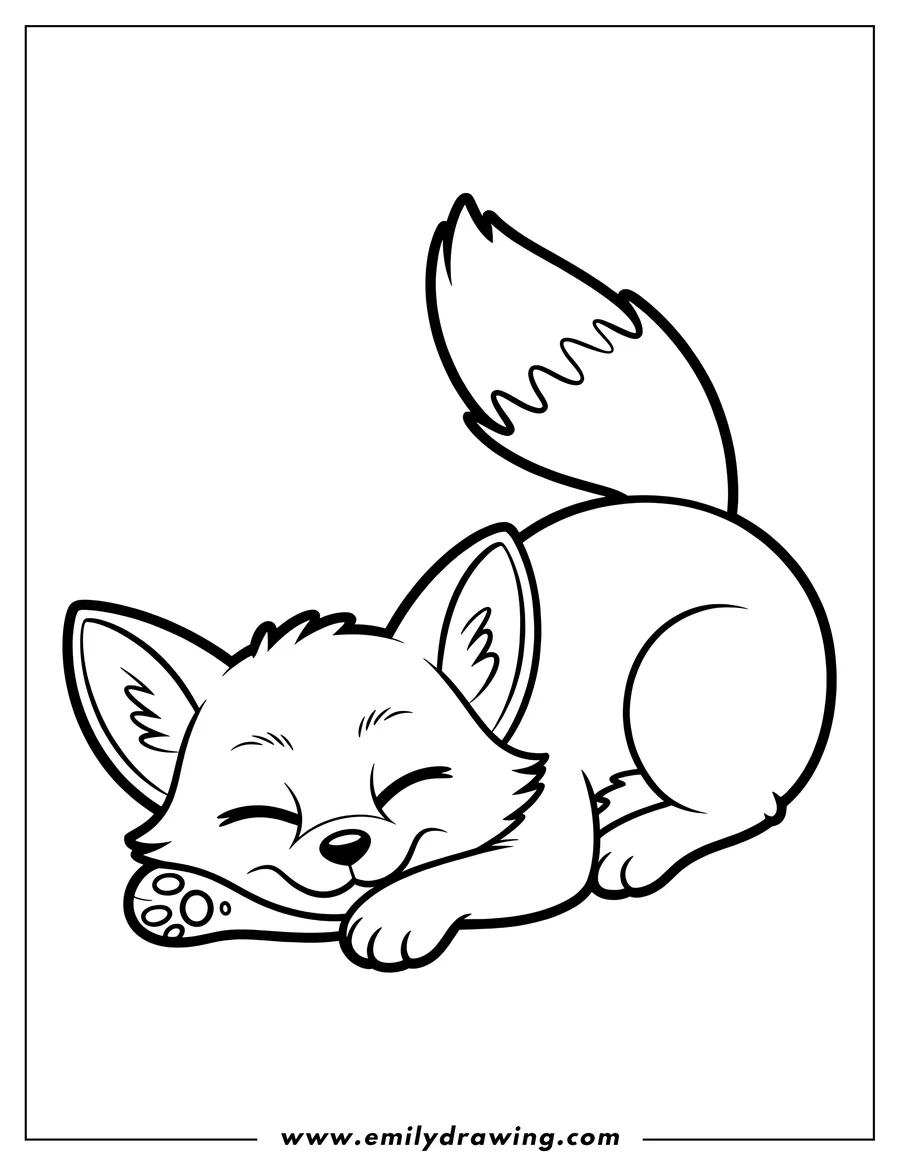 Line art of a fennec fox napping peacefully with its eyes closed.