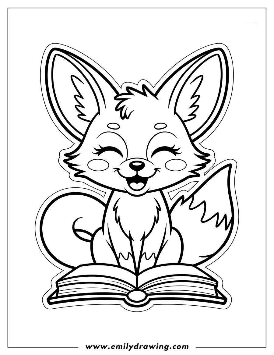 Outline of a fennec fox sitting on an open book.  The fox looks happy and its eyes are closed in a sweet smile.