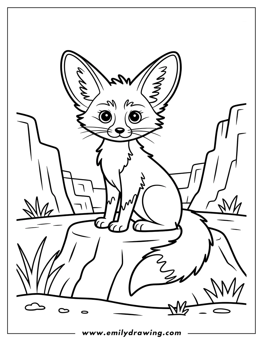 Outline of a fennec fox sitting on a rock in a desert setting.