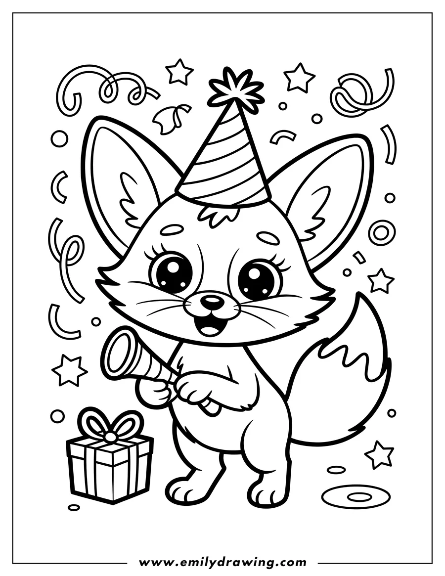 Outline of a fennec fox wearing a party hat and holding a party horn next to a wrapped present.