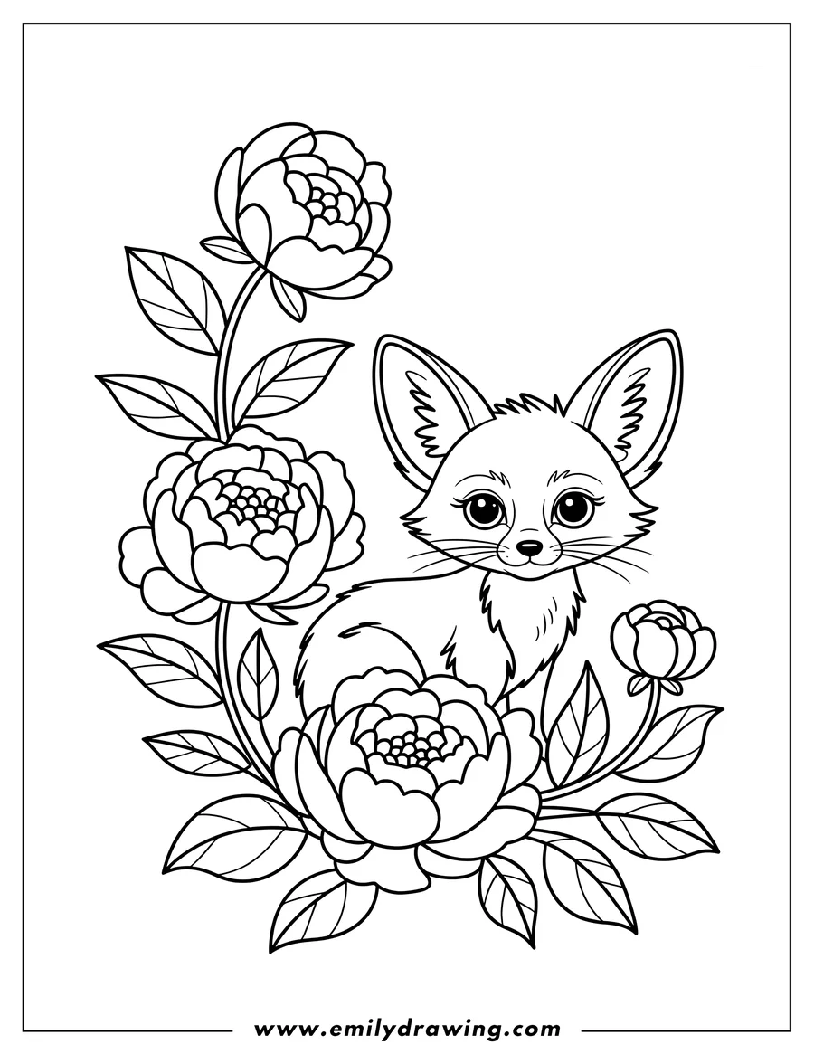 Outline of a fennec fox sitting amongst peony flowers.