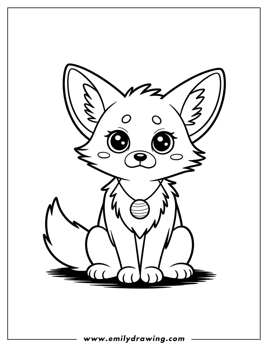 Outline of a Fennec fox wearing a planet necklace, sitting with large ears and a bushy tail.