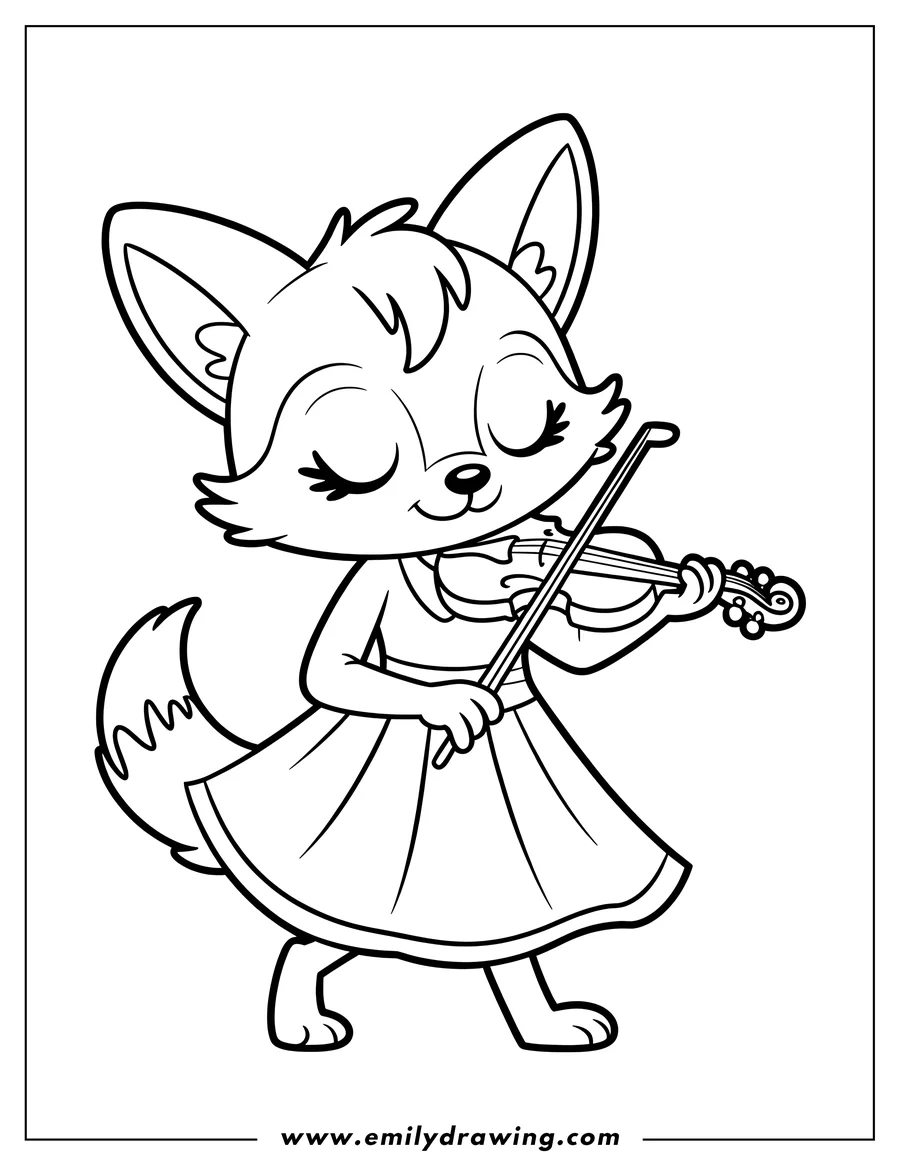 Outline of a fennec fox playing the violin. The fox is wearing a dress and has its eyes closed.