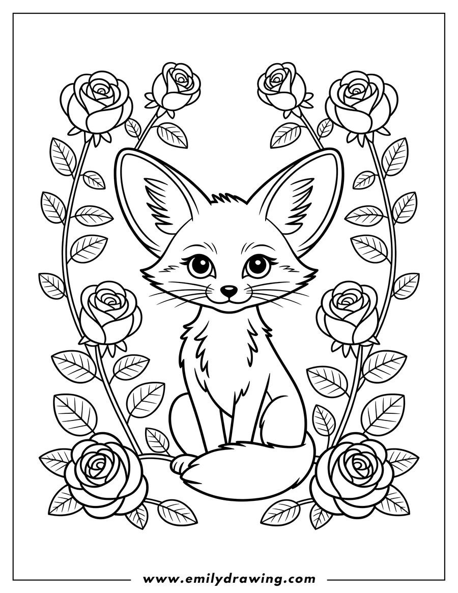 Outline of a fennec fox sitting with a border of roses and leaves.