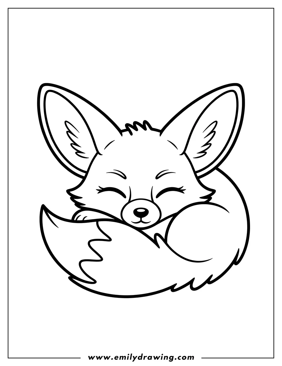 Outline of a fennec fox sleeping, curled up with its tail wrapped around it.