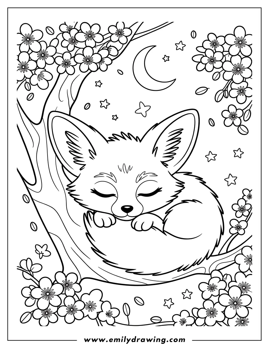 Outline of a fennec fox sleeping peacefully in a tree branch, surrounded by flowers, under a crescent moon and stars.