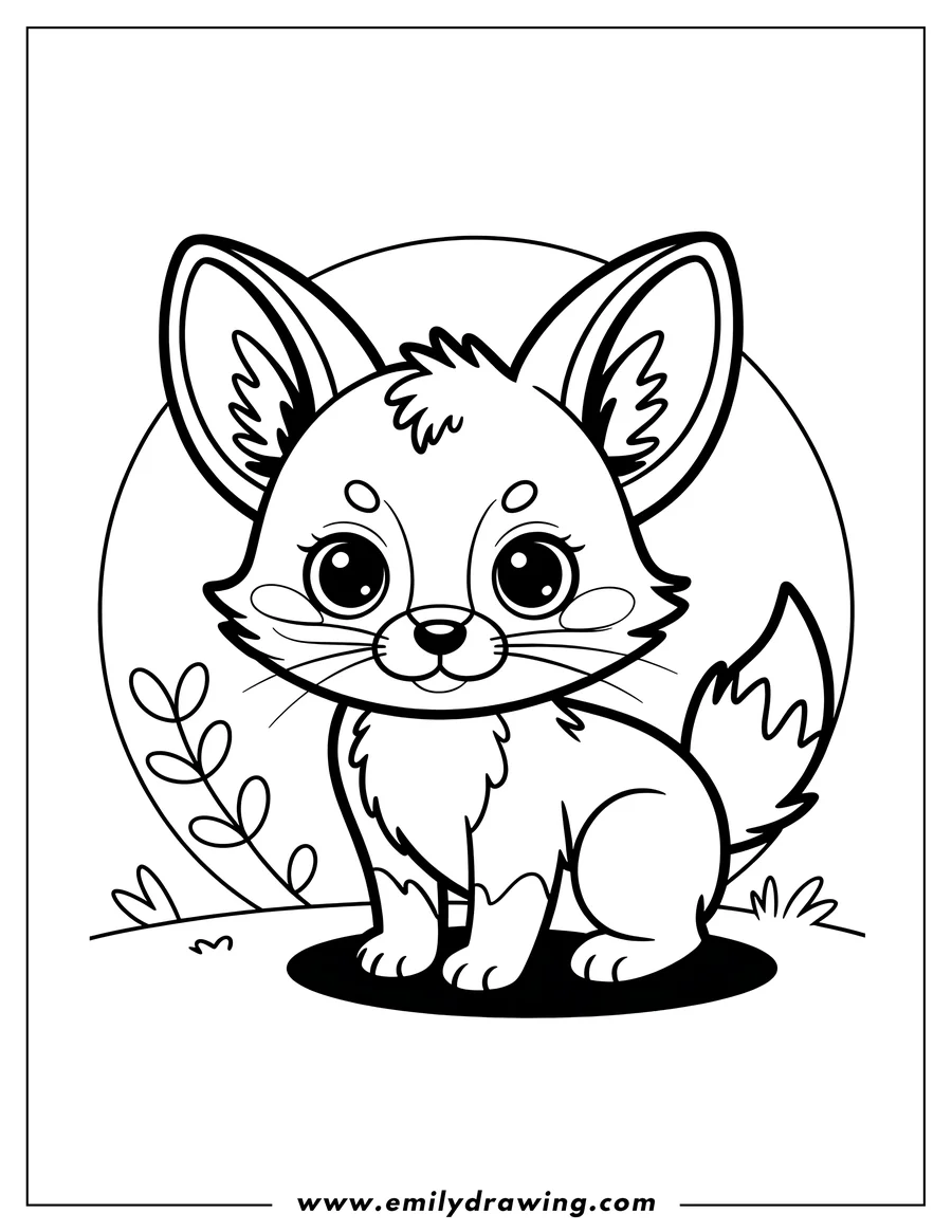 Outline of a fennec fox standing on grass with a large sun or moon setting behind it.
