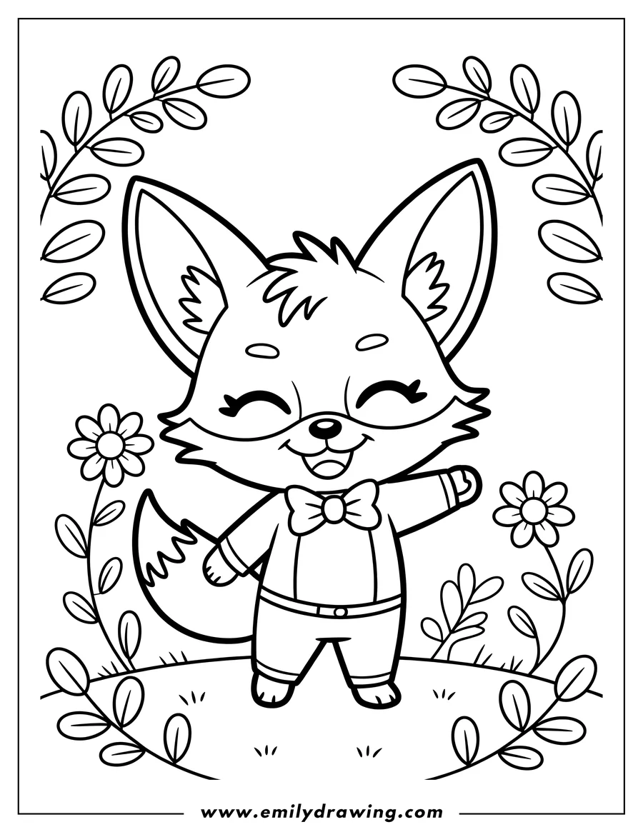 Outline of a fennec fox wearing a bow tie and overalls, waving cheerfully