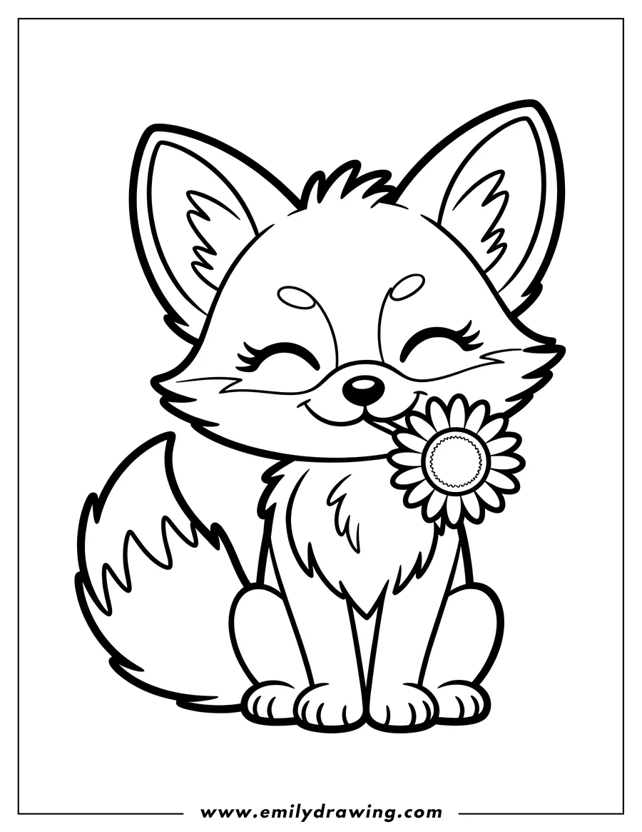 Outline of a fennec fox sitting and holding a flower. The fox's eyes are closed, as if smelling the flower.