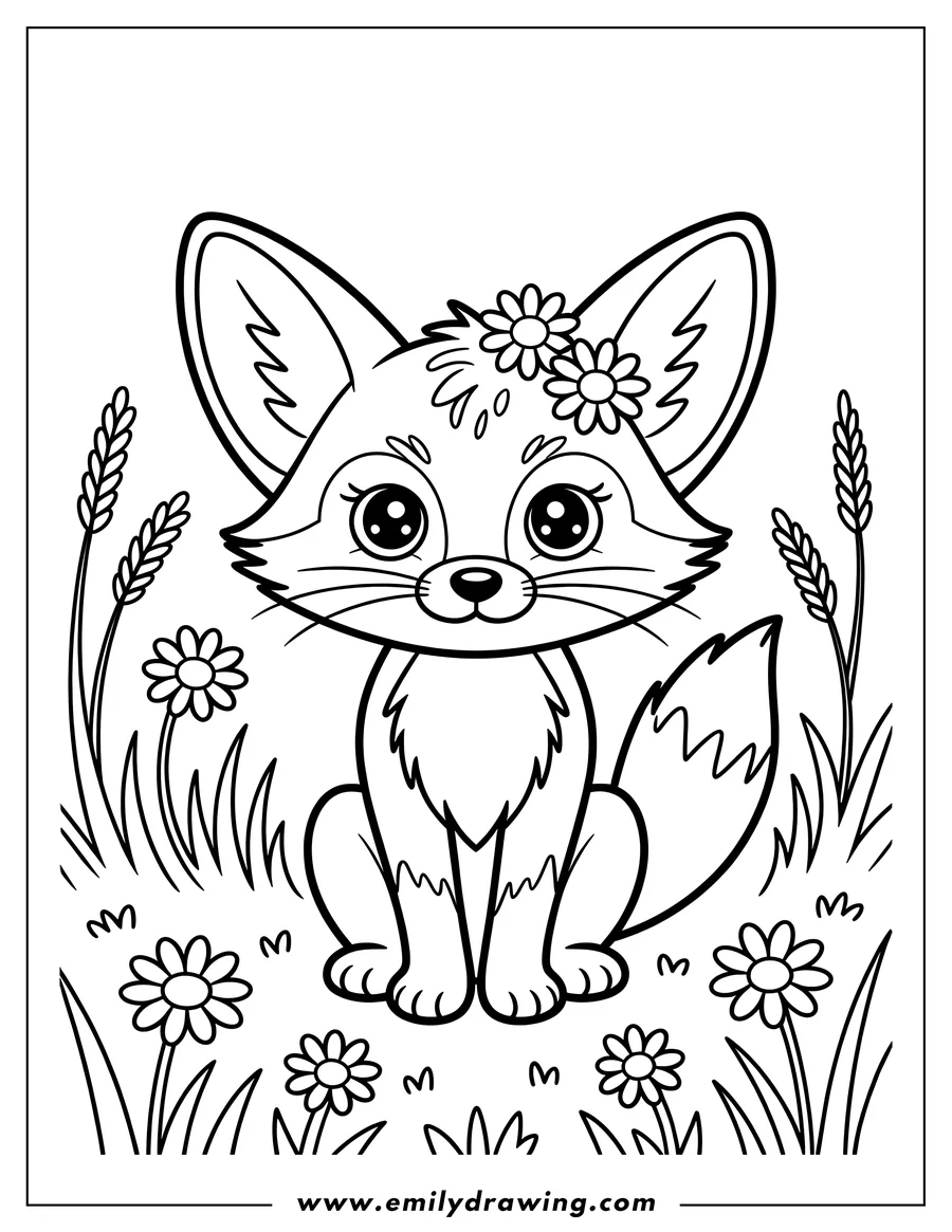 Outline of a fennec fox sitting in the grass surrounded by daisies and other flowers. The fox has large ears and two daisies on its head.