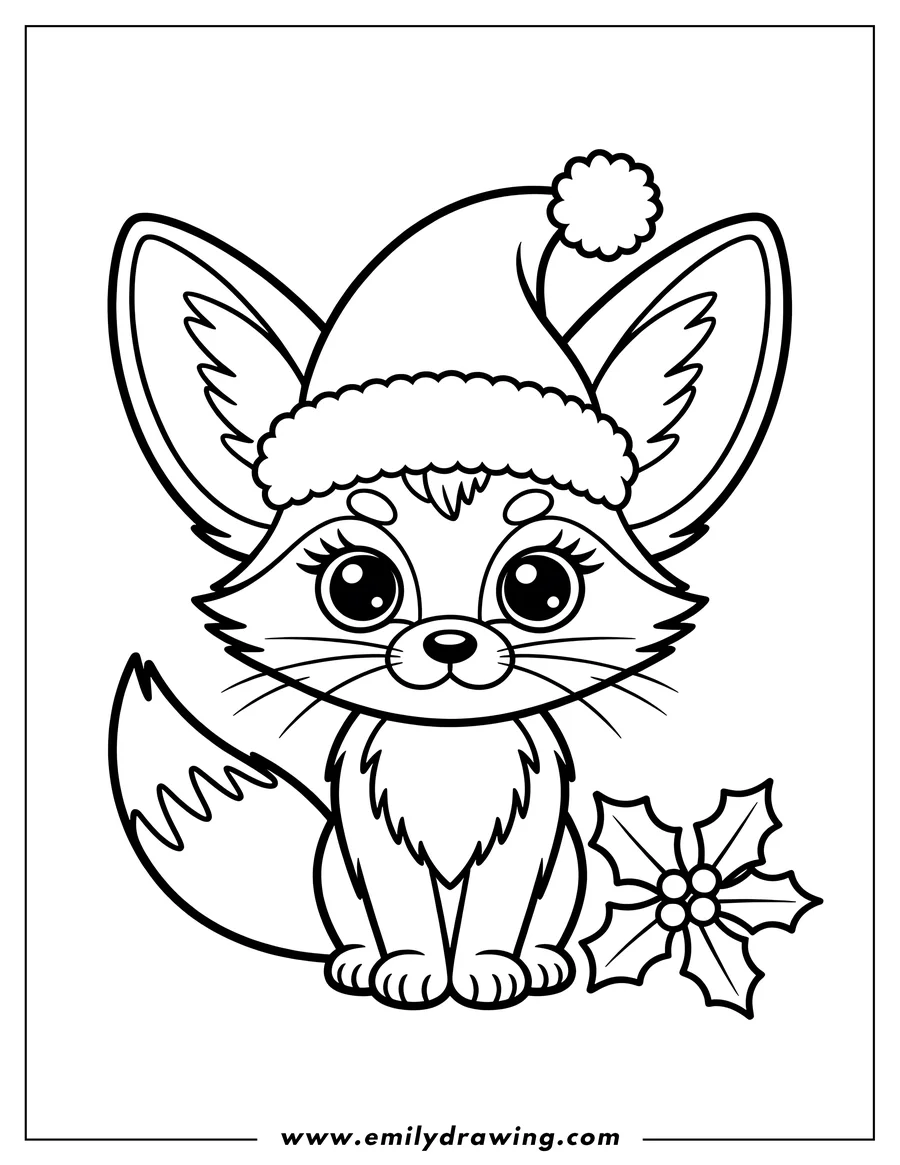 Outline of a fennec fox wearing a Santa hat, sitting next to a sprig of holly.