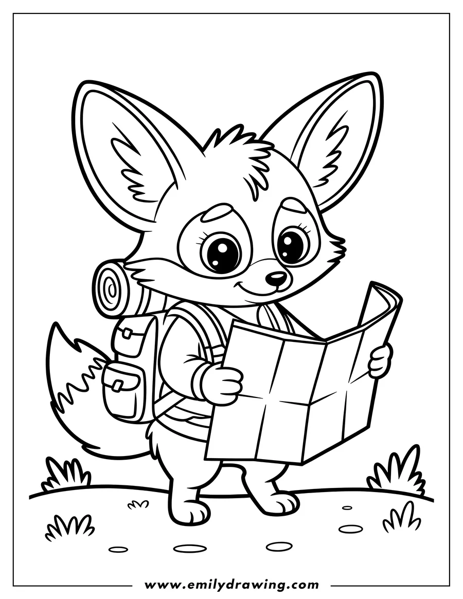 Line art of a fennec fox wearing a backpack and looking at a map.