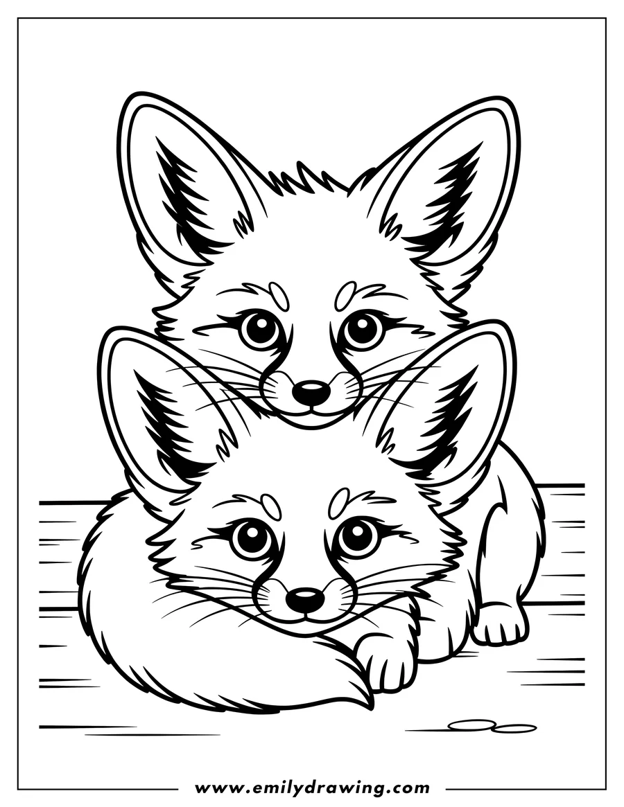 Line art of two fennec foxes with large ears.