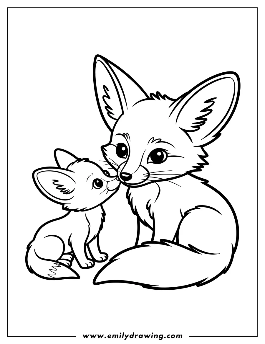 Outline of two fennec foxes touching noses. The larger fox sits while the smaller one stands facing it.