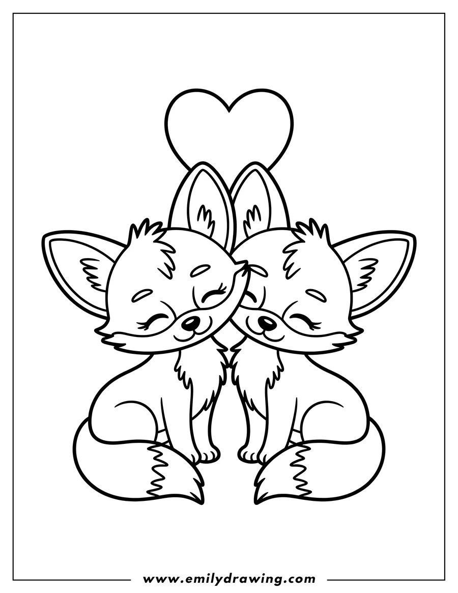 Outline of two fennec foxes sitting together with a heart above them.