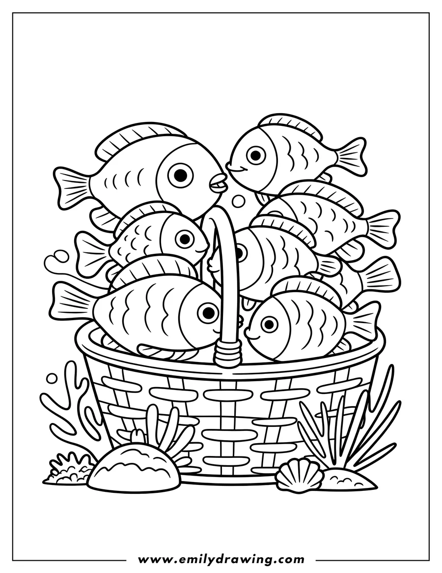 Outline of several fish inside a woven basket, with seaweed and a seashell on the seabed below.