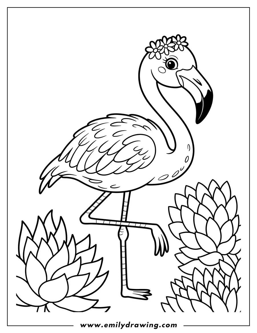 Line art of a flamingo wearing a flower crown, standing near some large-leafed plants.